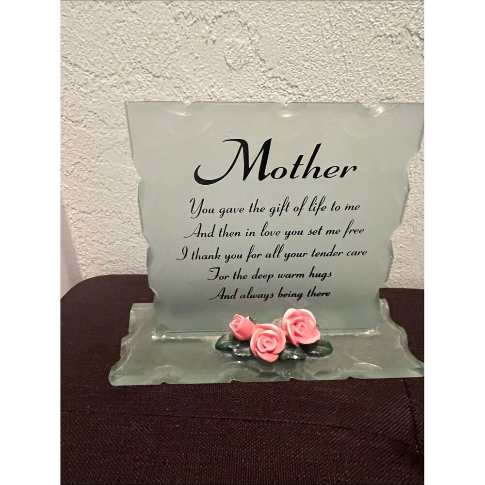 #2074**Mother Glass Plaque with Pink Rose Accents